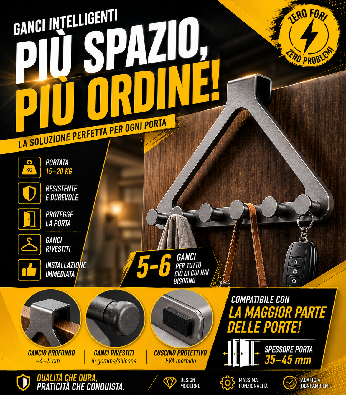 Appendiabiti triangolare da porta con ganci per asciugamani