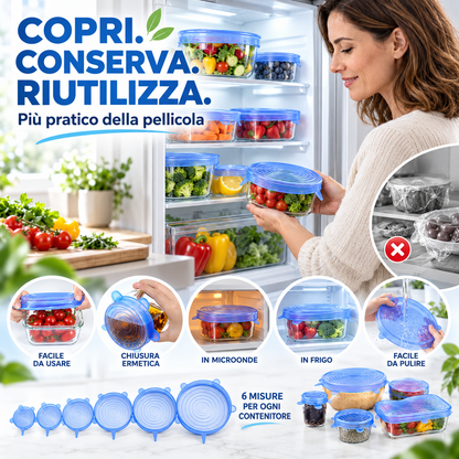 Set da 6 pezzi di coperchi rotondi in silicone elastico per la conservazione degli alimenti