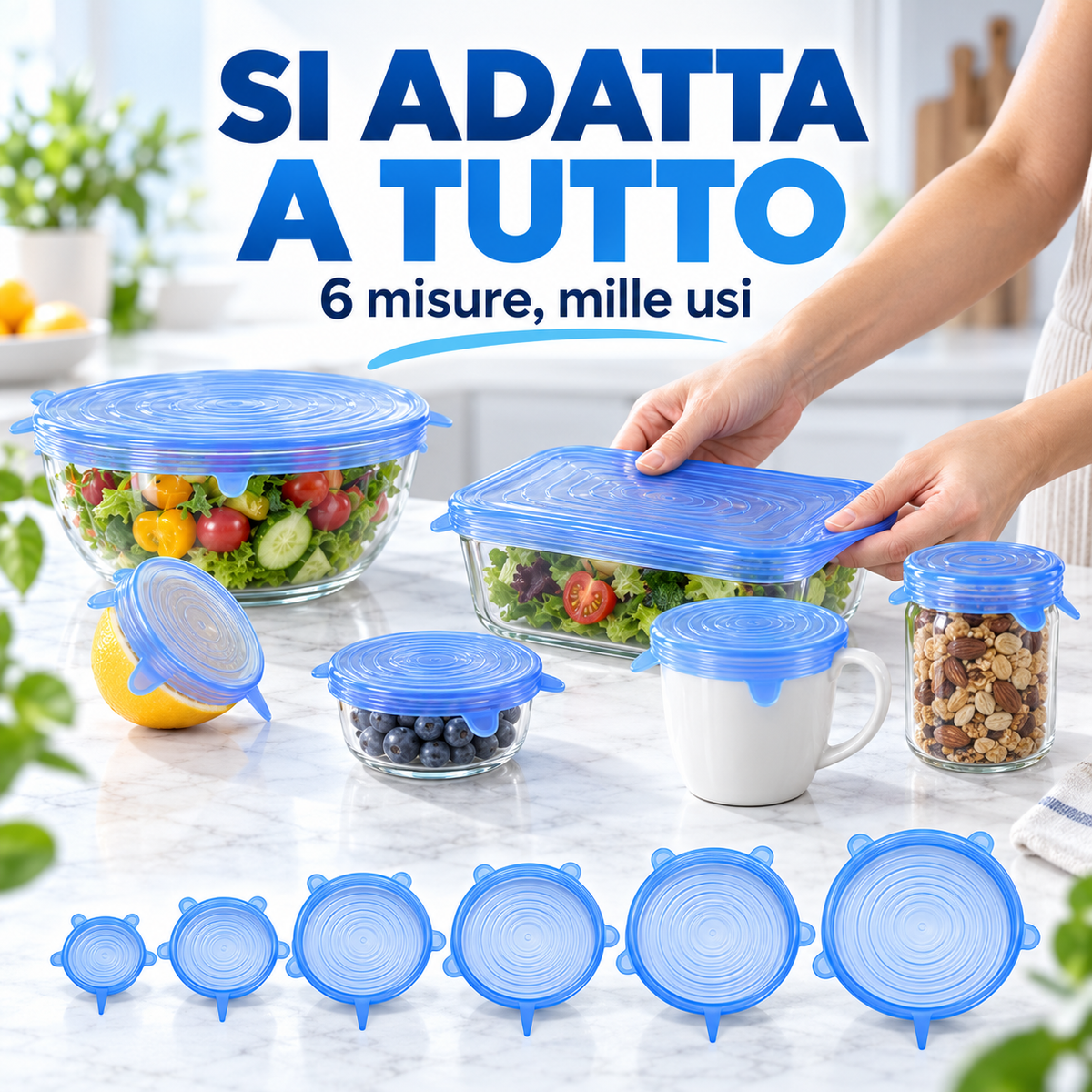 Set da 6 pezzi di coperchi rotondi in silicone elastico per la conservazione degli alimenti