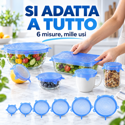 Set da 6 pezzi di coperchi rotondi in silicone elastico per la conservazione degli alimenti