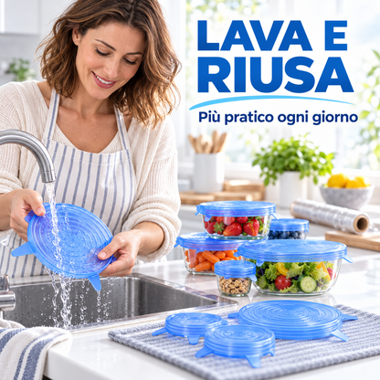 Set da 6 pezzi di coperchi rotondi in silicone elastico per la conservazione degli alimenti