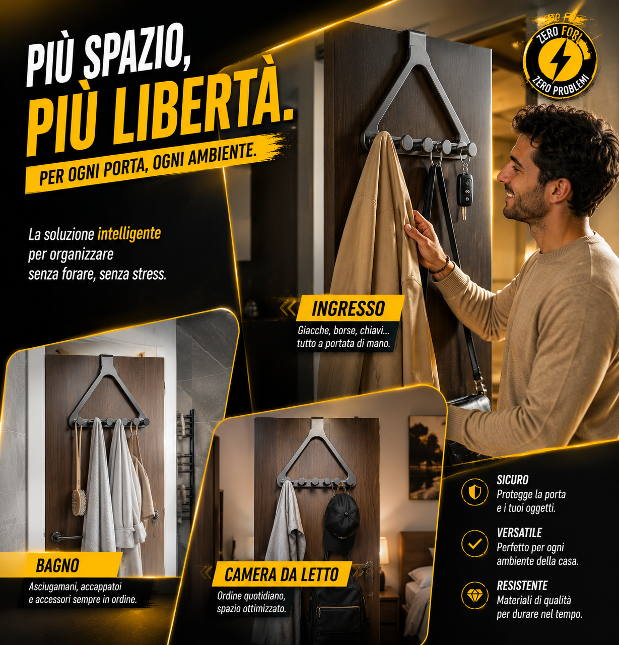 Appendiabiti triangolare da porta con ganci per asciugamani