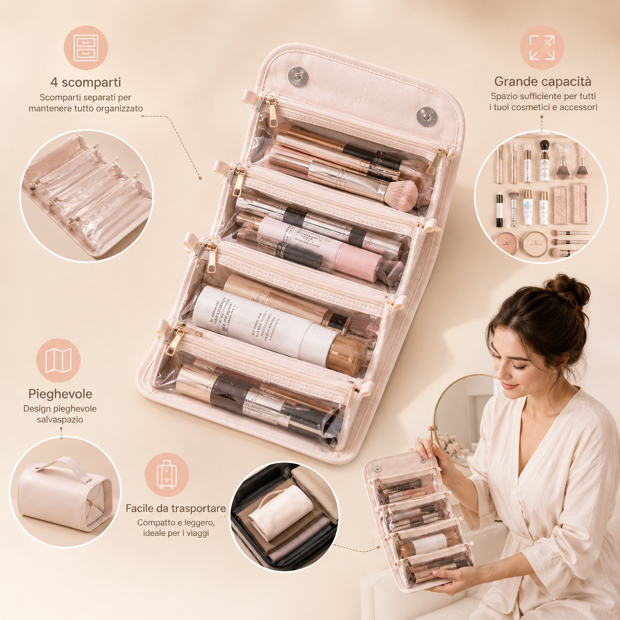 🛍️ Borsa porta cosmetici a 4 scomparti super pratica