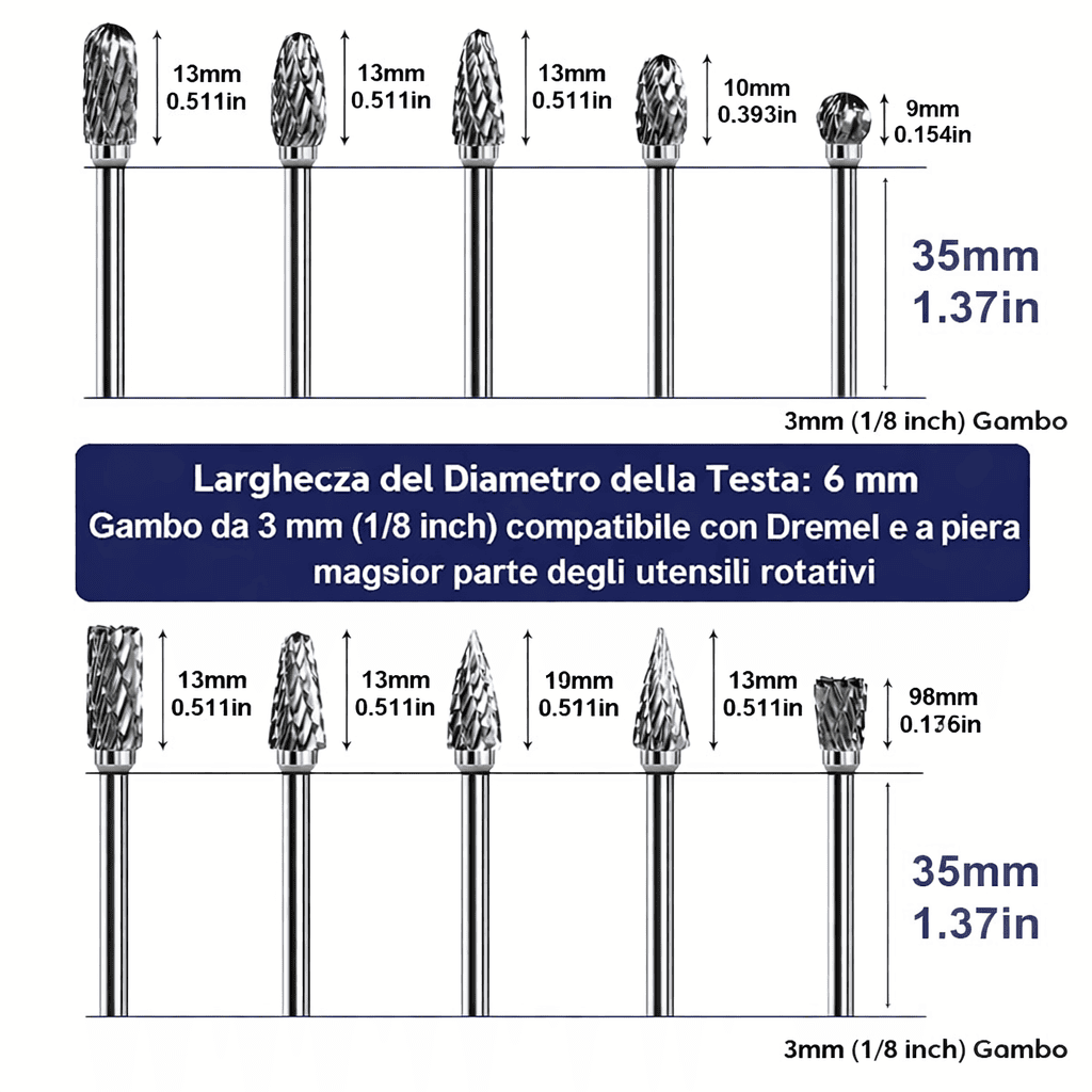 Set di frese rotative in carburo a doppio taglio