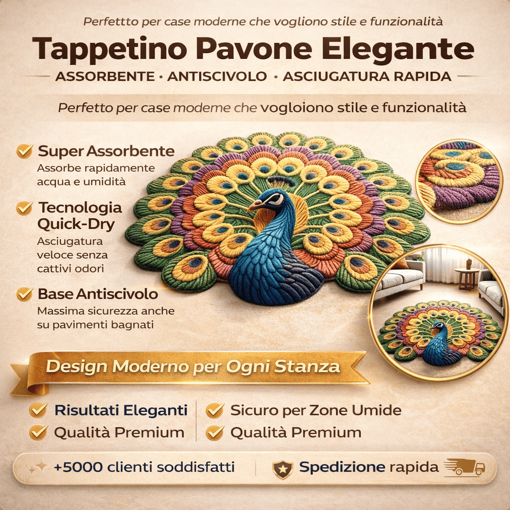 Tappetino 3D Pavone ad Asciugatura Rapida