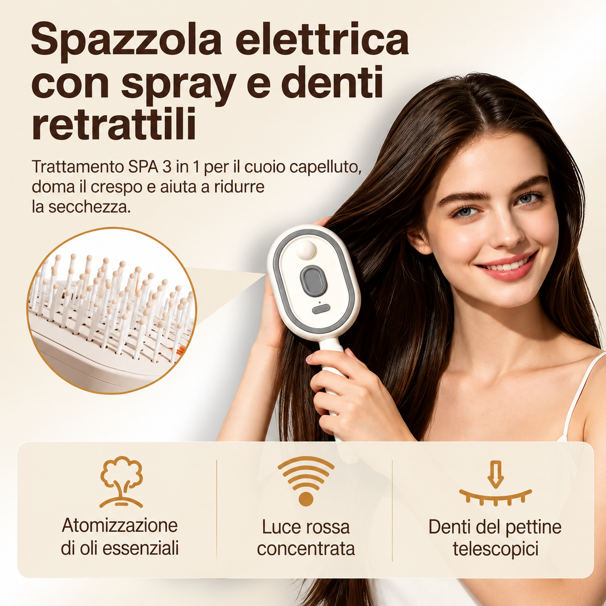 Pettine Massaggiante Elettrico 3-in-1 con Nebulizzatore e Cuscino d’Aria