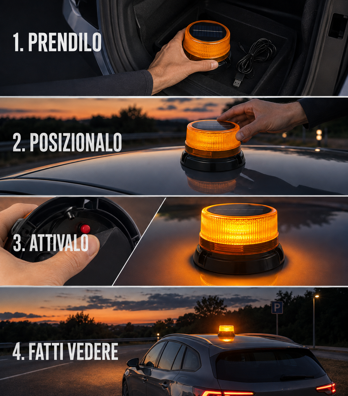 Lampeggiante LED Solare Magnetico 360°