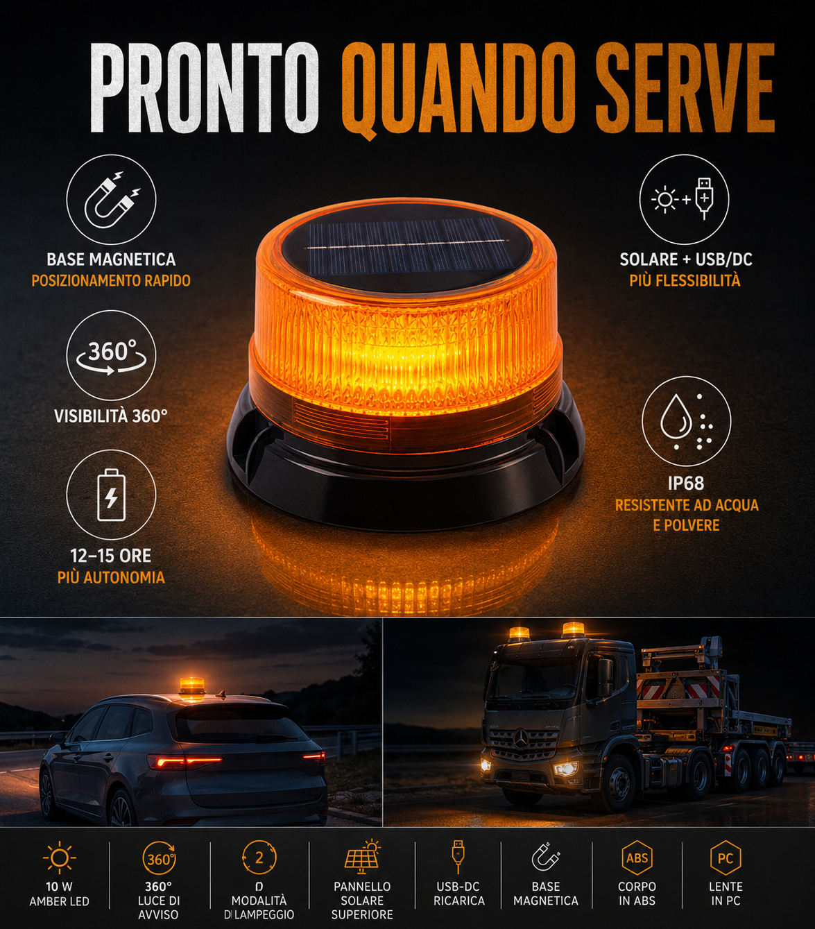 Lampeggiante LED Solare Magnetico 360°
