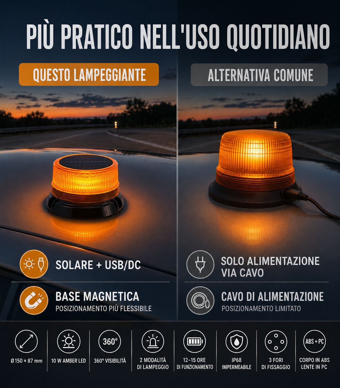 Lampeggiante LED Solare Magnetico 360°