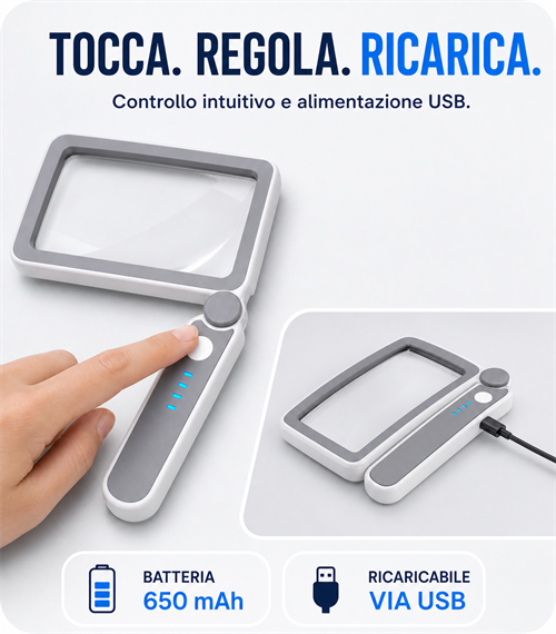 Lente d’ingrandimento rettangolare pieghevole Sosile con 10 LED e controllo touch