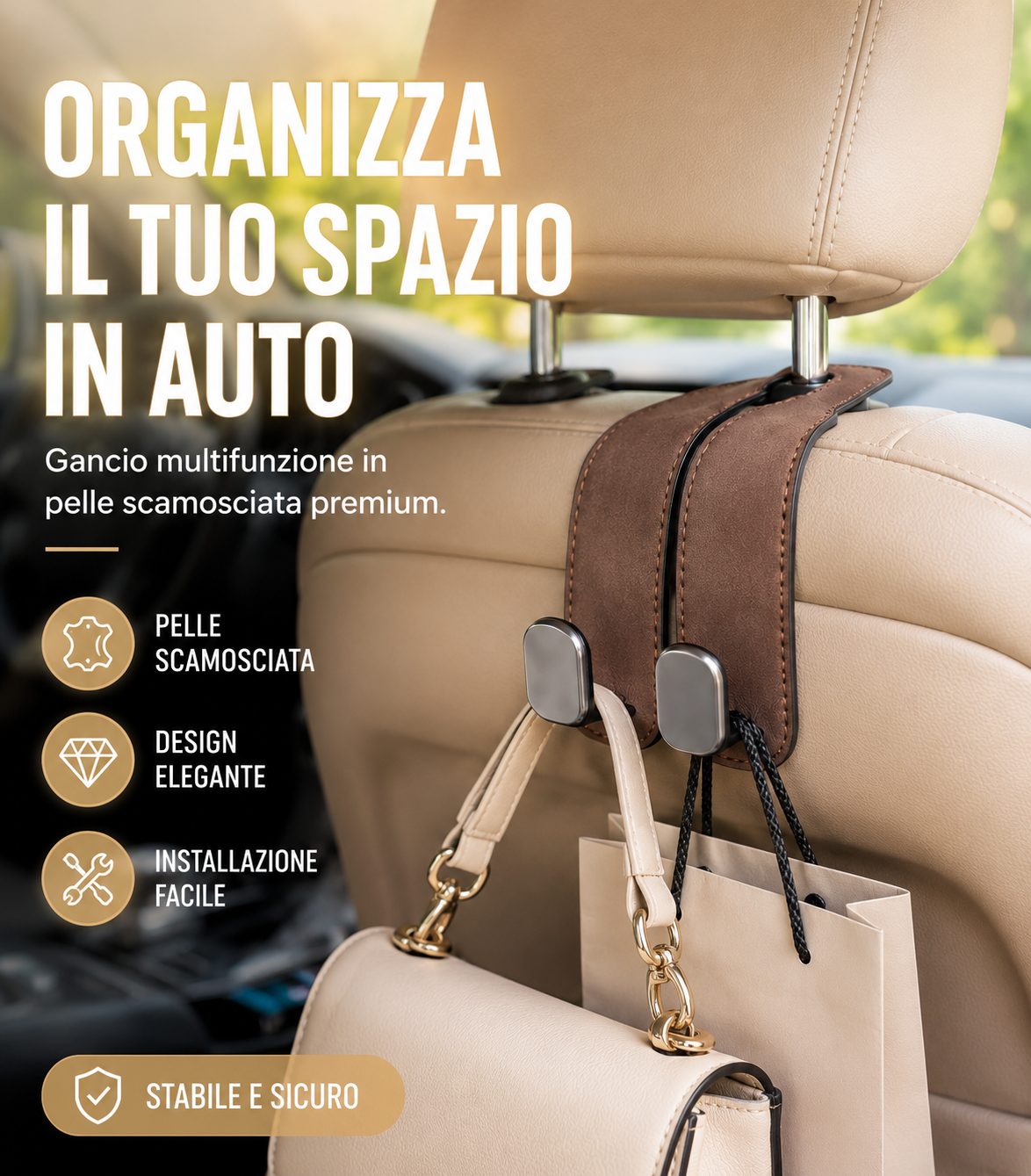 Gancio Appendiabiti Universale in Alcantara per Sedile Auto di Lusso