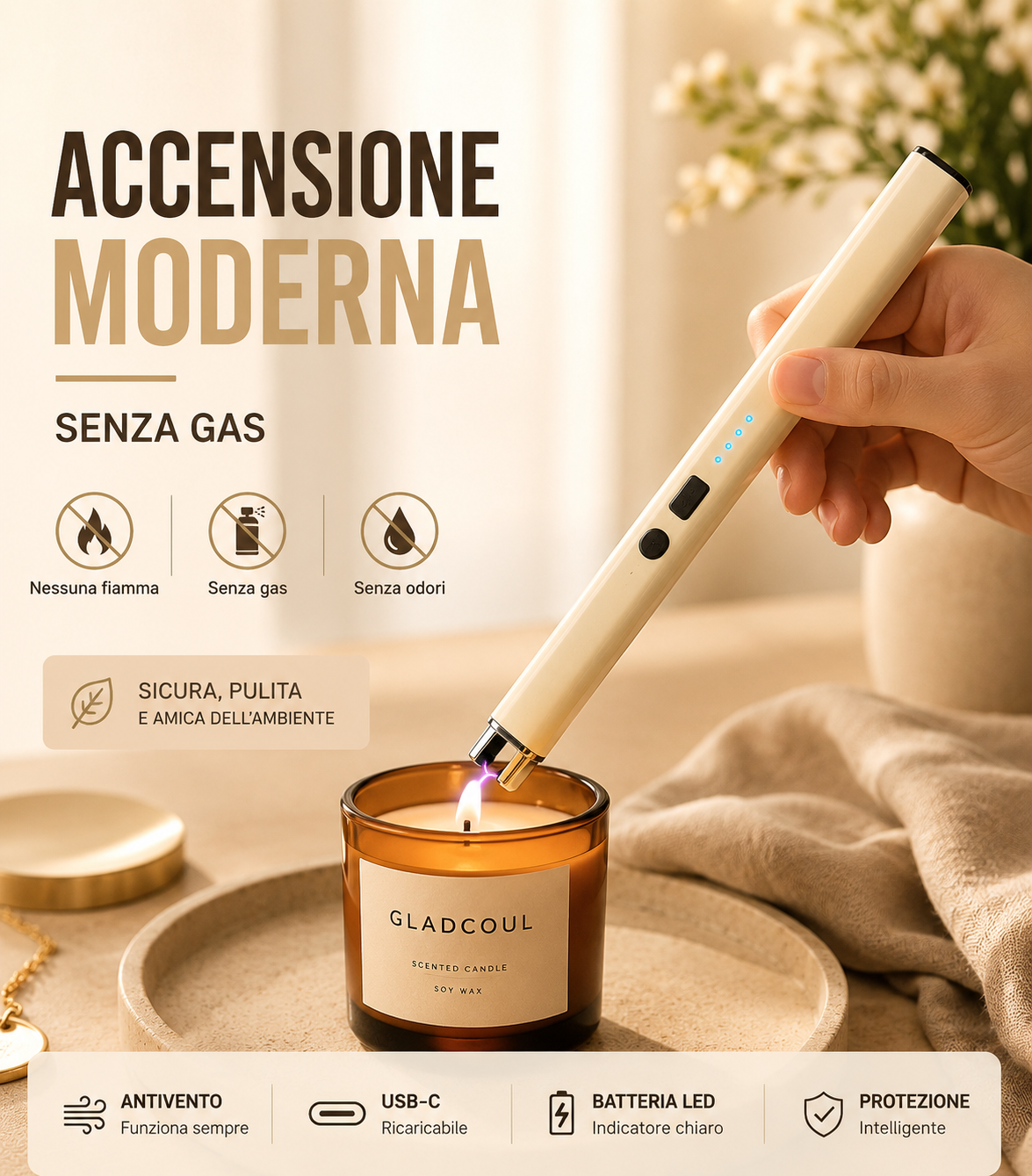 Accendino elettrico Type-C antivento per cucina e campeggio