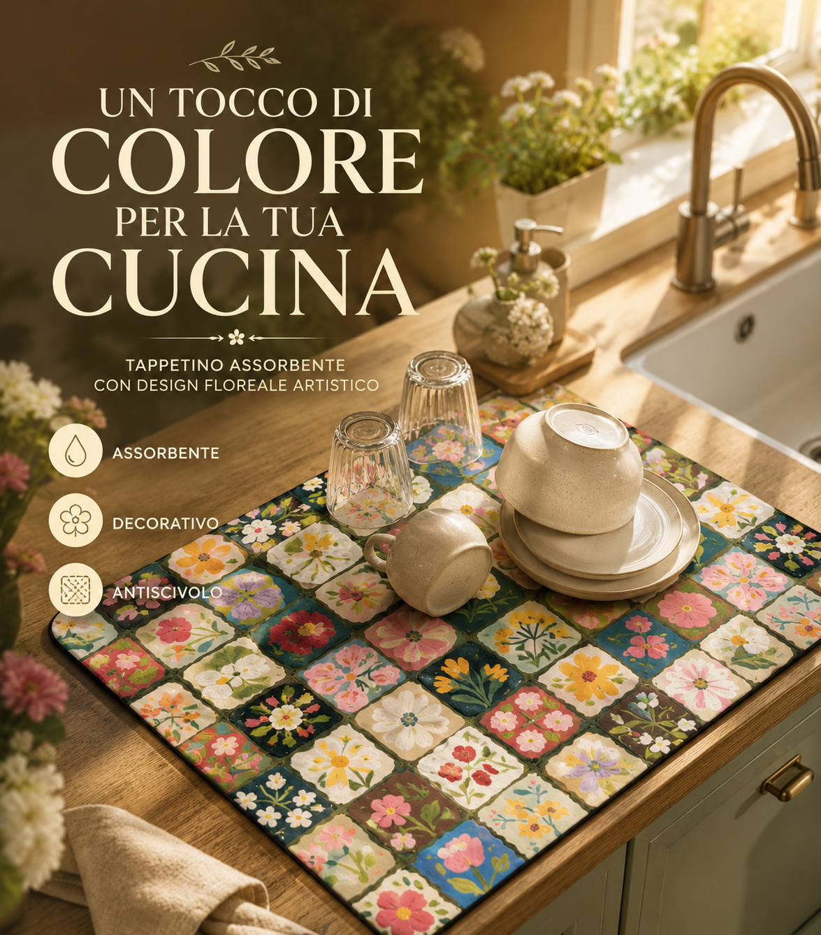Tappetino Scolapiatti Antiscivolo Multiuso per Piatti e Decorazione Tavola