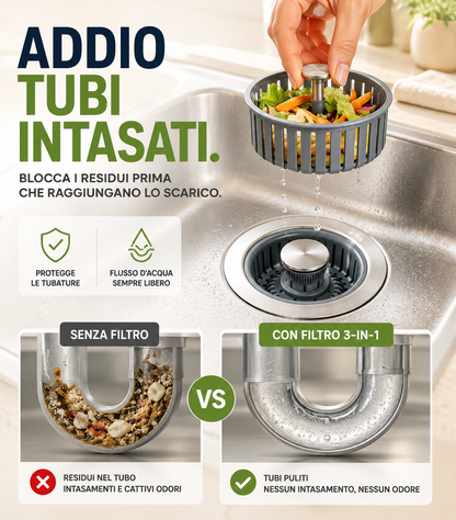 Filtro e Tappo per Lavandino Cucina 3 in 1