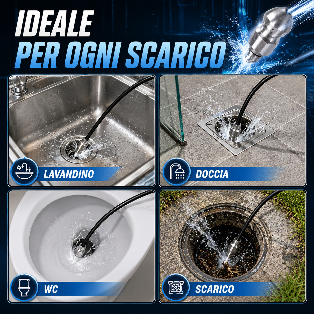 Ugello Sturatubi Alta Pressione in Acciaio Inox Autoavanzante