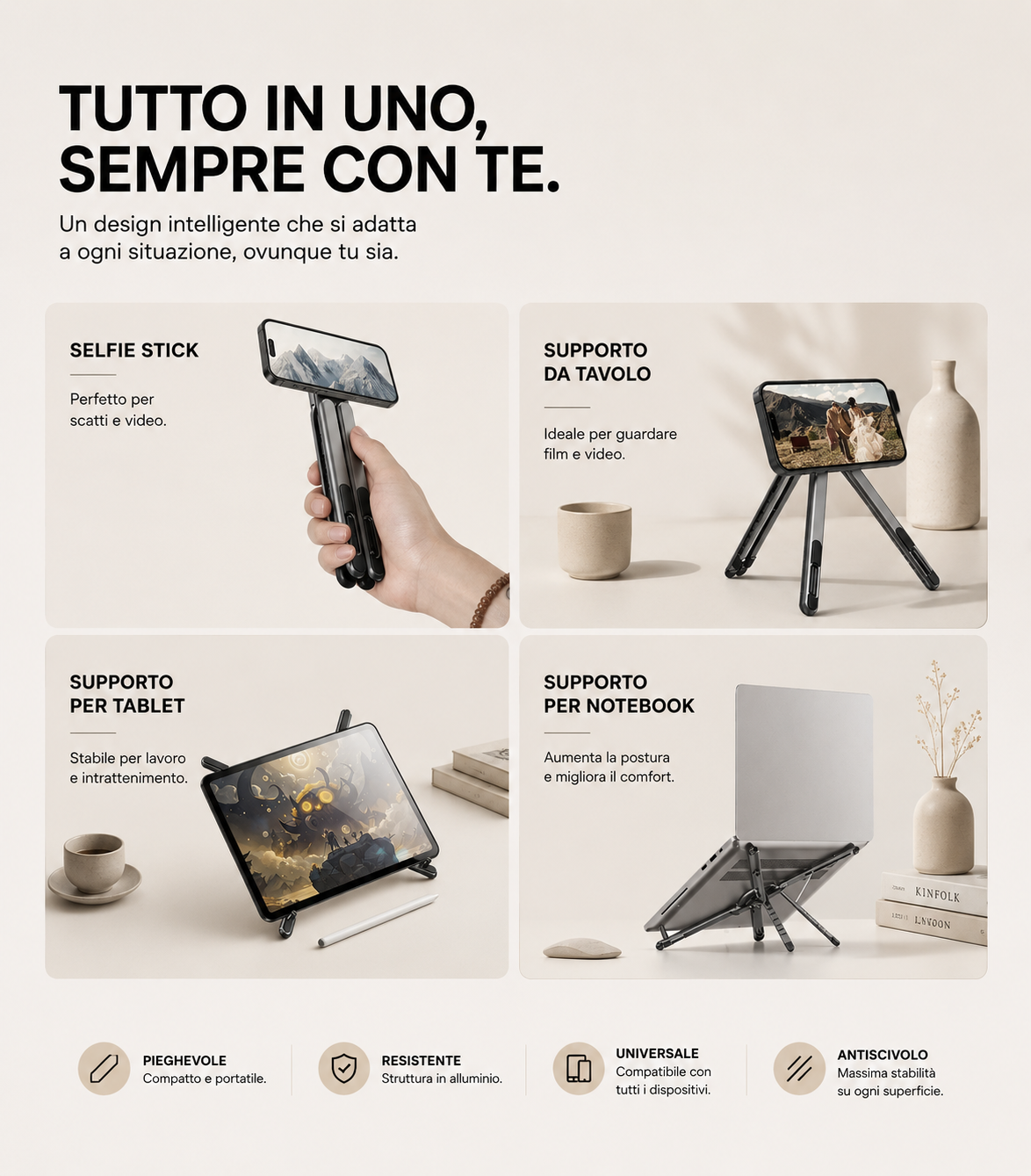 Supporto Magnetico in Alluminio Pieghevole per Laptop e Smartphone