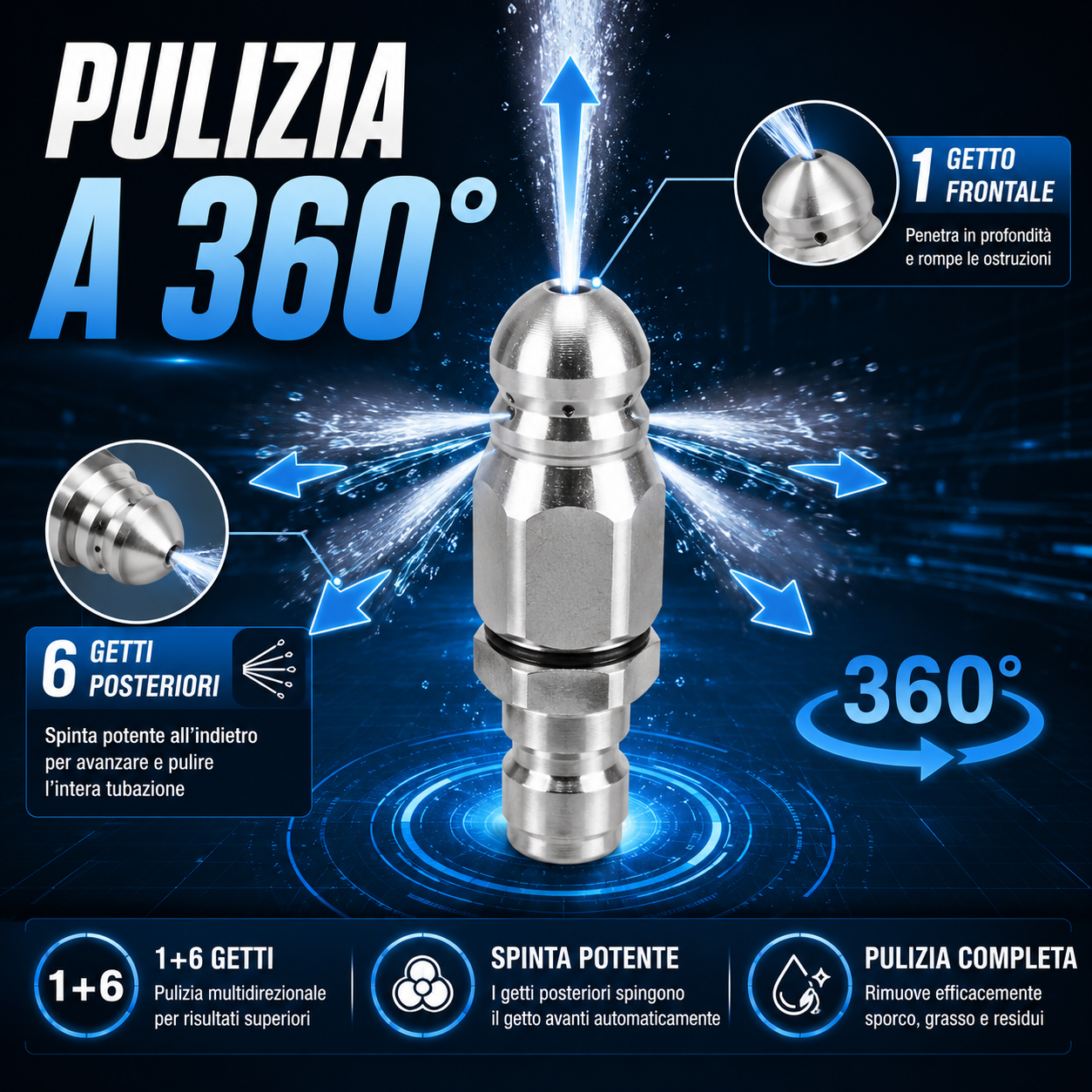 Ugello Sturatubi Alta Pressione in Acciaio Inox Autoavanzante