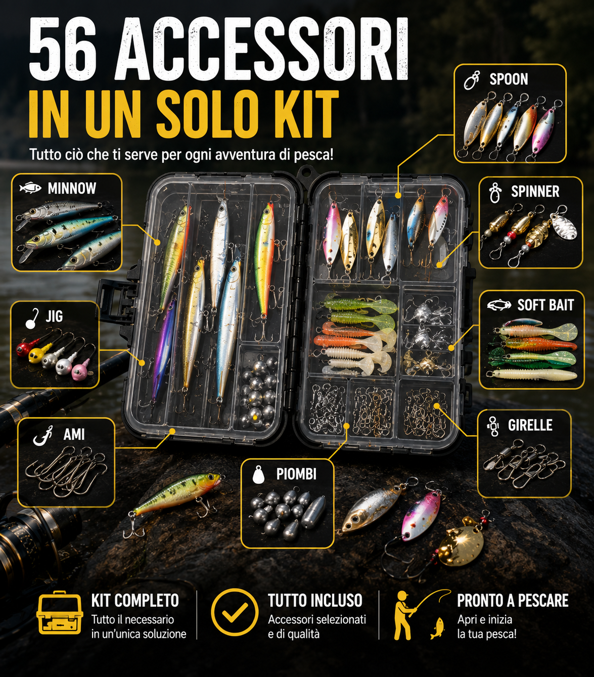 Kit Completo Pesca Ultra Light UL Con 56 Pezzi