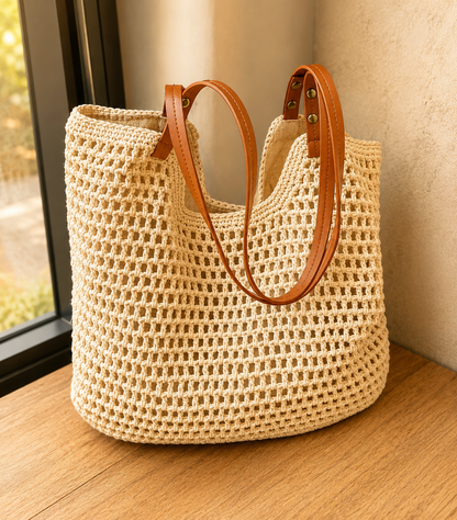Borsa Da Spiaggia In Paglia Intrecciata Grande Stile Vintage