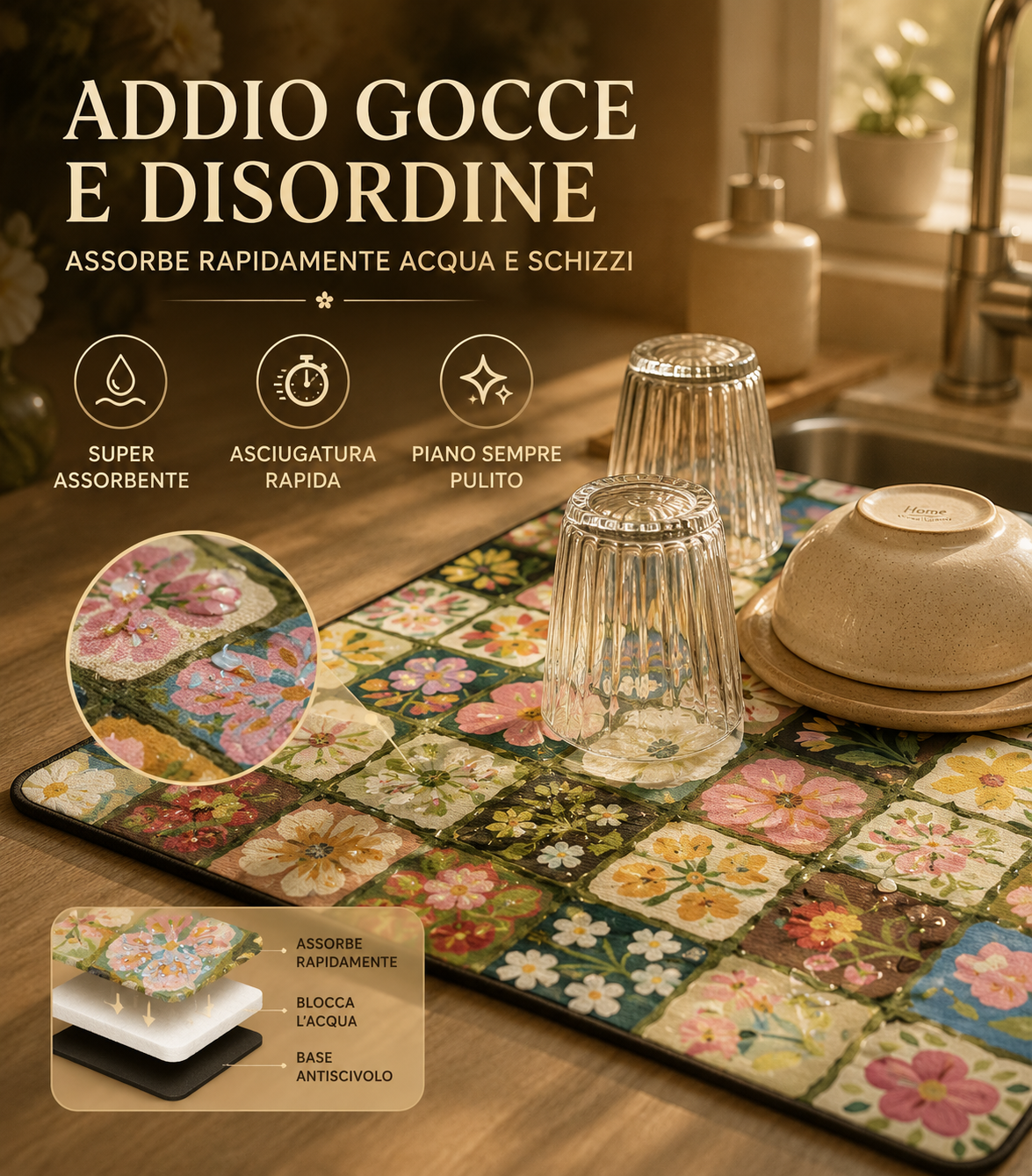 Tappetino Scolapiatti Antiscivolo Multiuso per Piatti e Decorazione Tavola