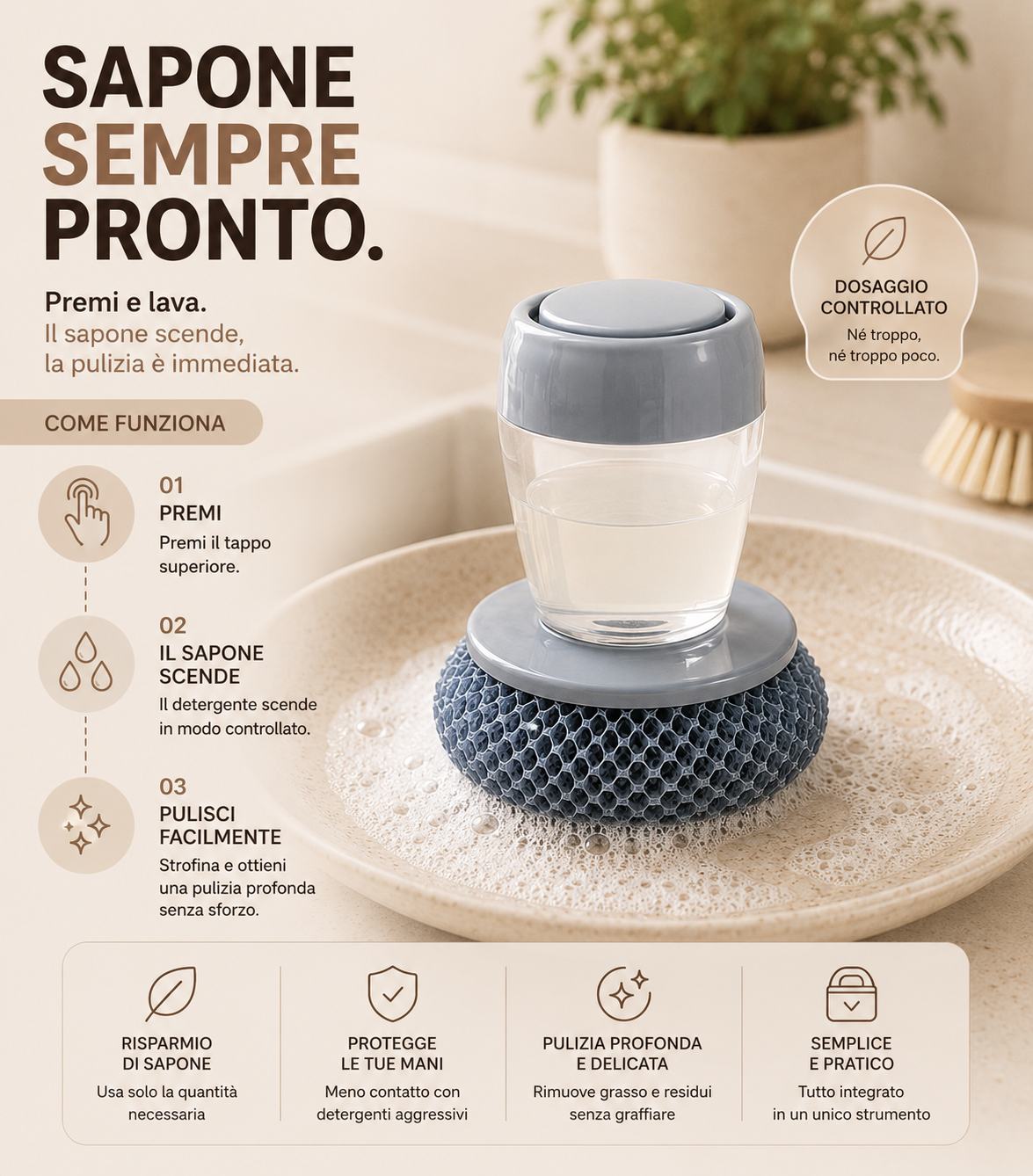 Spazzola Lavapiatti con Dispenser Sapone Integrato