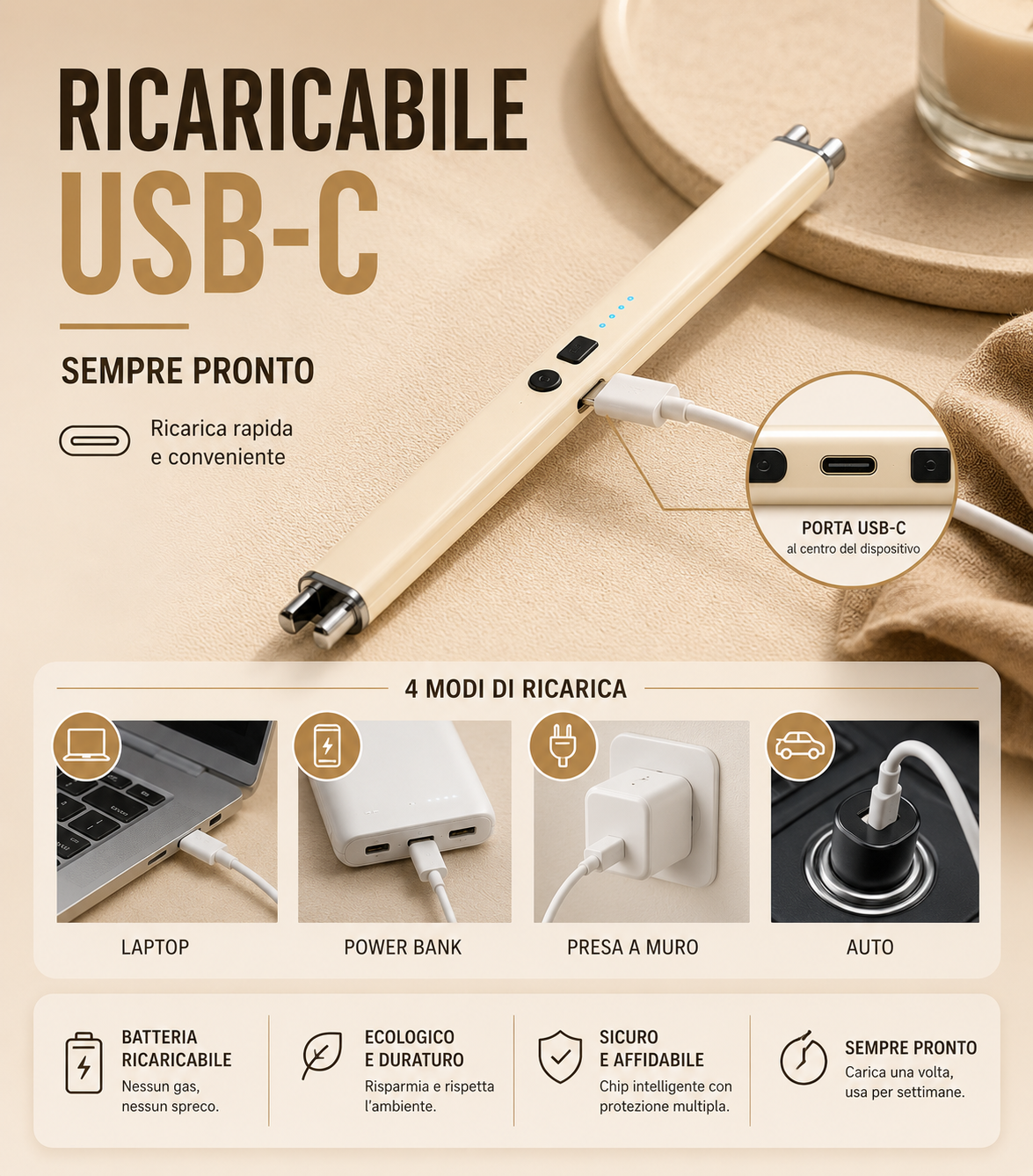 Accendino elettrico Type-C antivento per cucina e campeggio