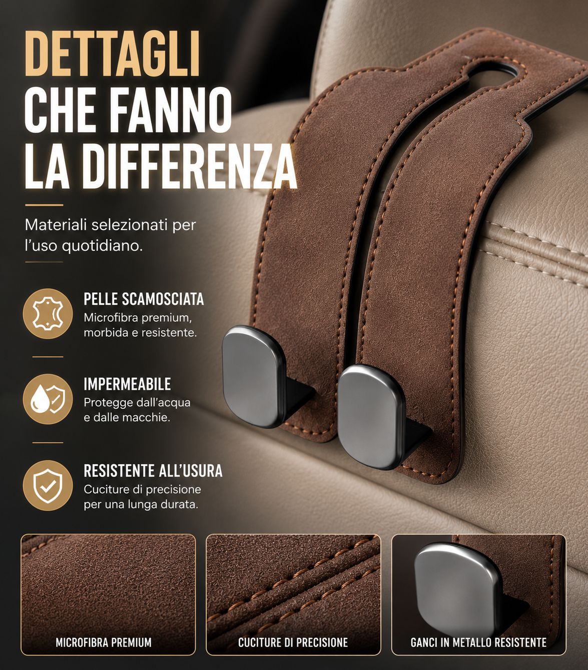 Gancio Appendiabiti Universale in Alcantara per Sedile Auto di Lusso