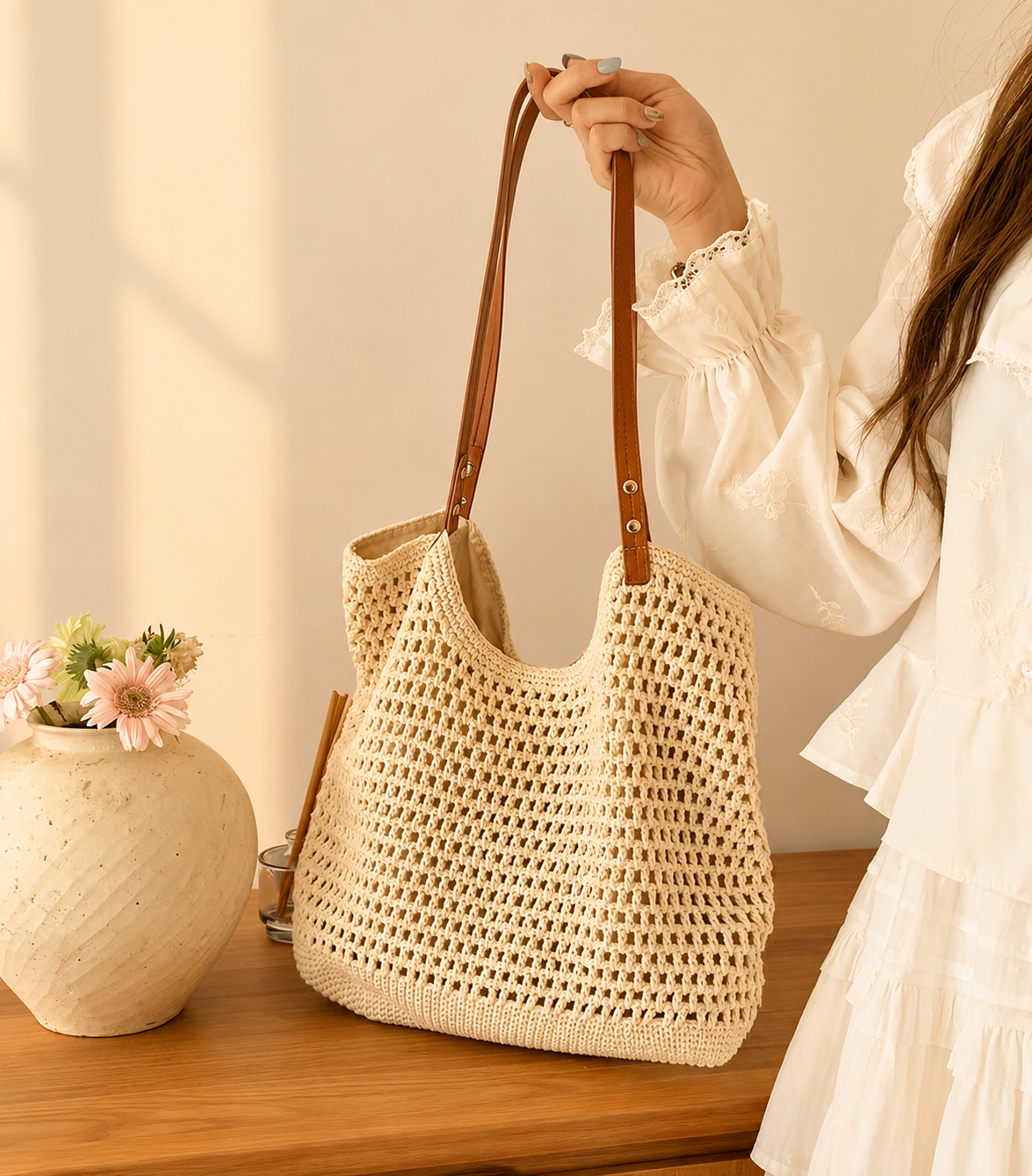 Borsa Da Spiaggia In Paglia Intrecciata Grande Stile Vintage