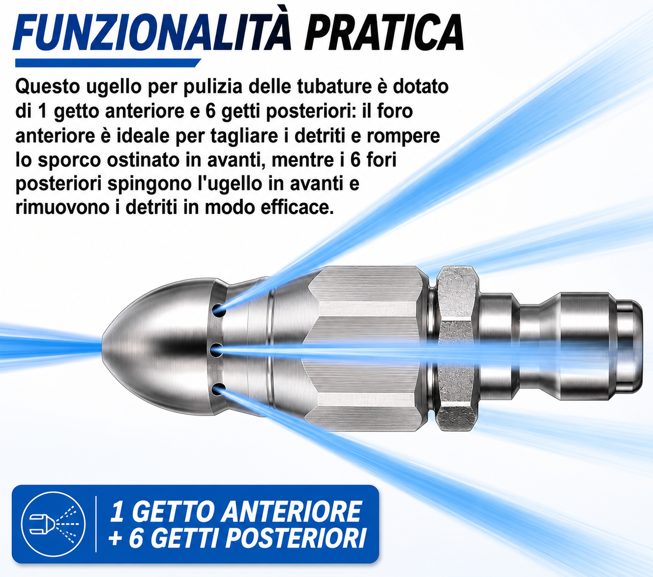 🌊 Ugello Sturatubi Alta Pressione in Acciaio Inox Autoavanzante
