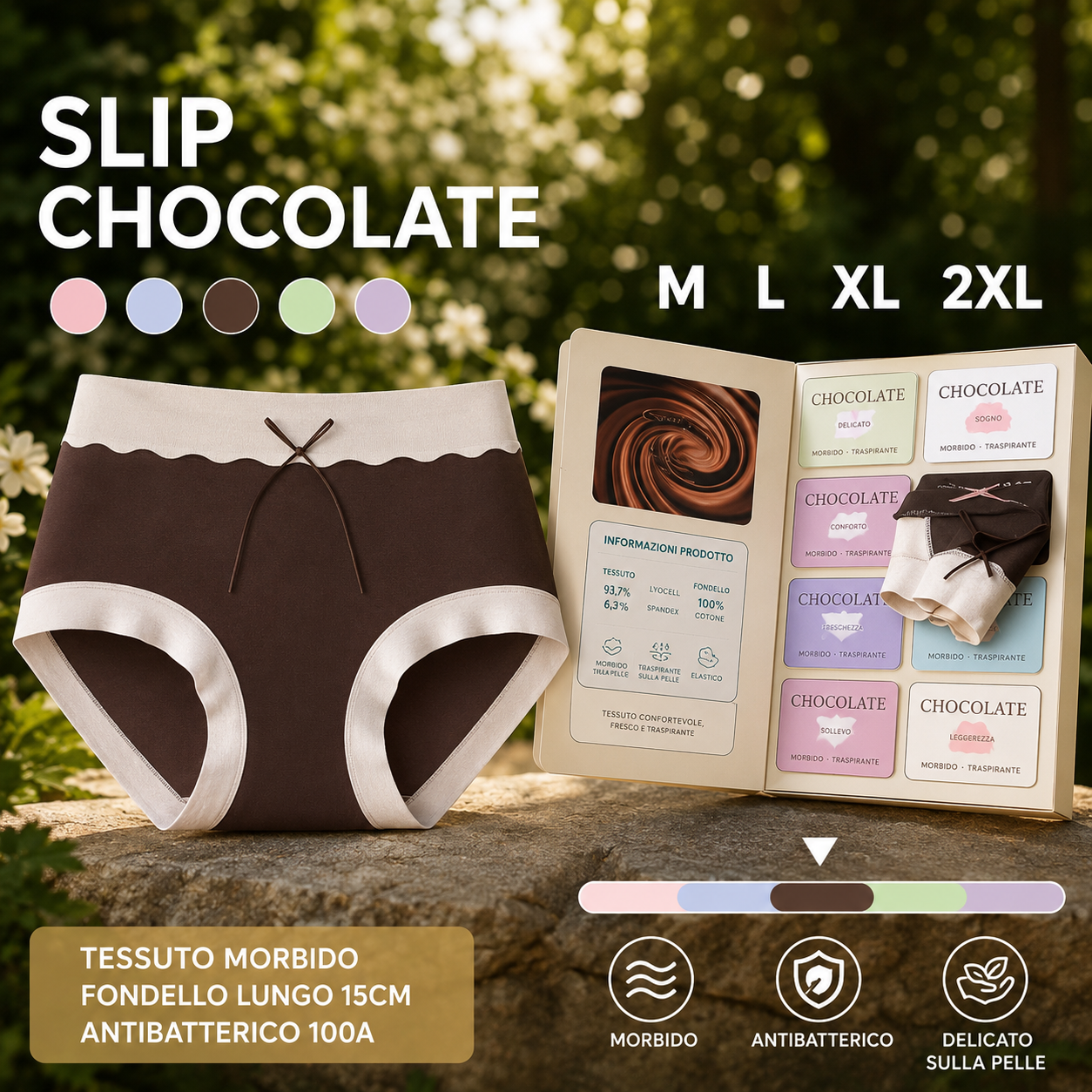 🍫 Confezione Regalo Intimo al Cioccolato – Dolce & Raffinato, Materiale in seta Tencel morbida e liscia, design aderente che valorizza le forme, Tecnologia antibatterica, antiumidità e protezione completa delle parti intime