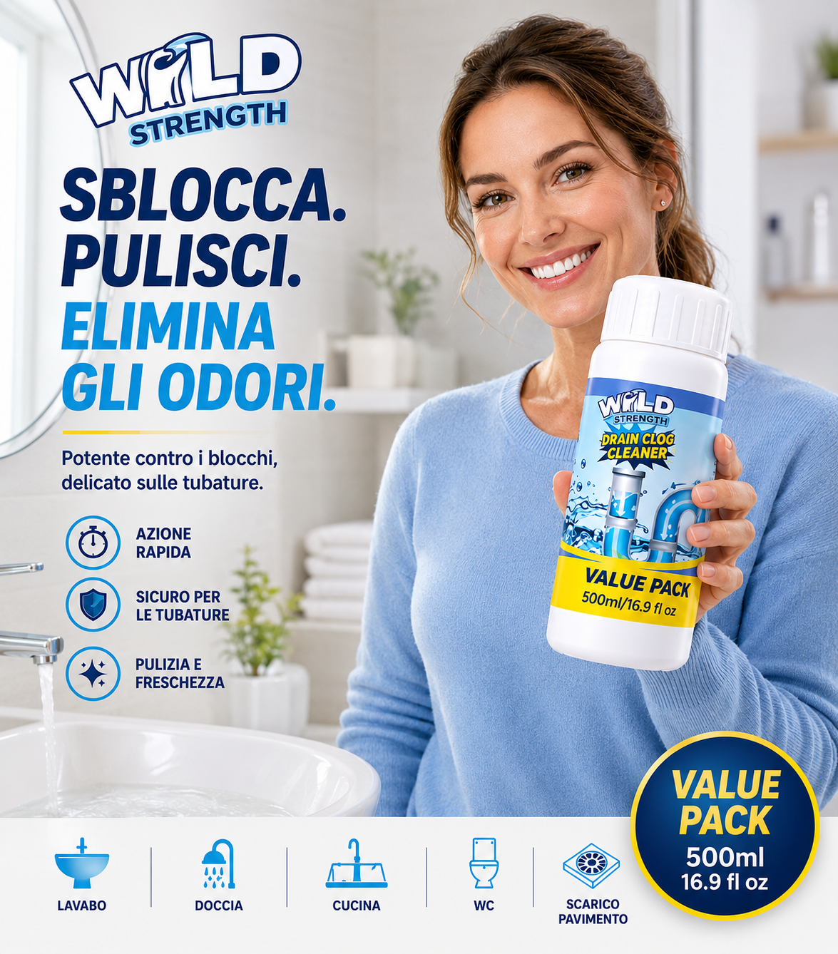 Polvere Sgorgante Idraulica per Scarichi Lavandino e Water WC