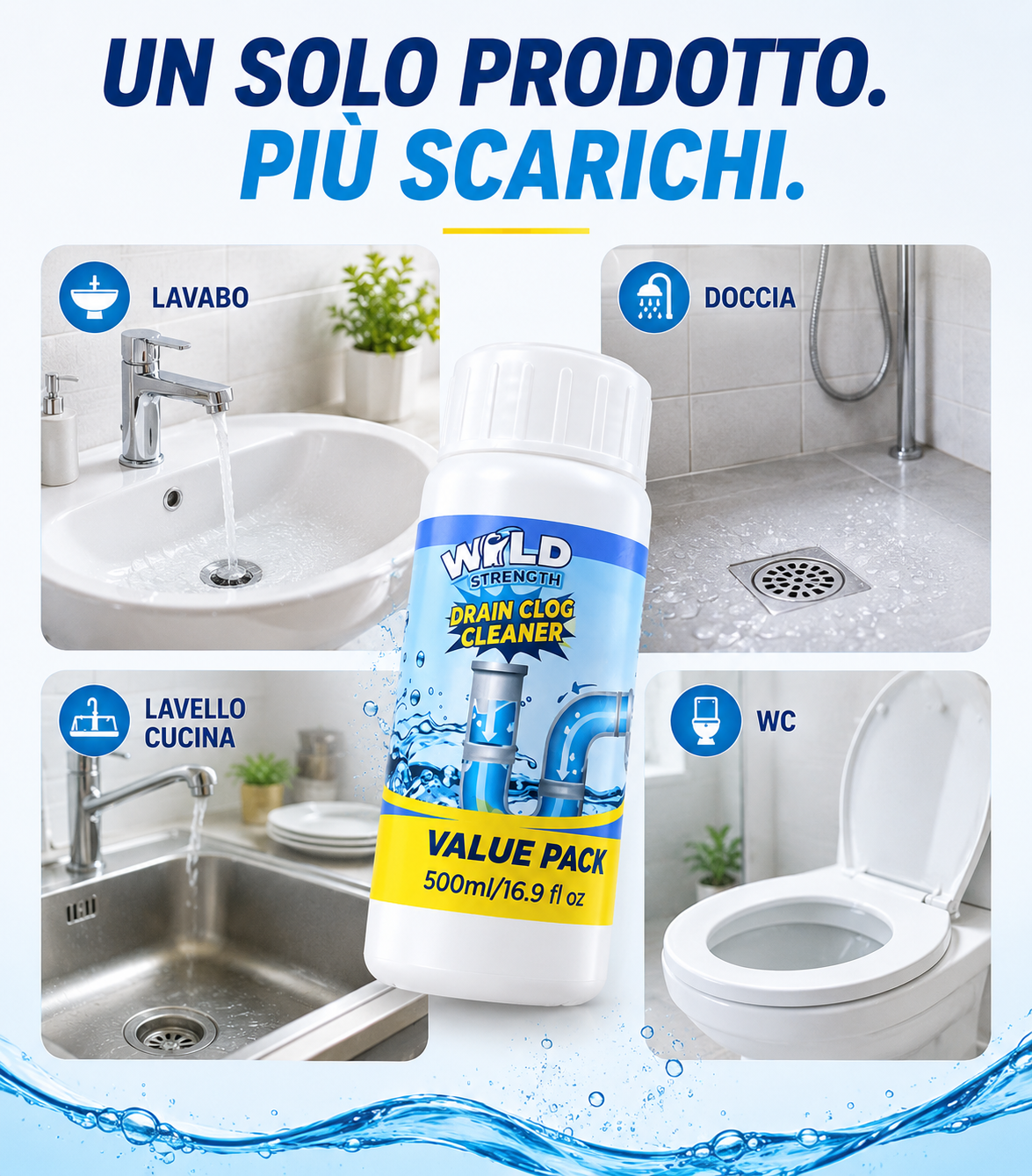 Polvere Sgorgante Idraulica per Scarichi Lavandino e Water WC