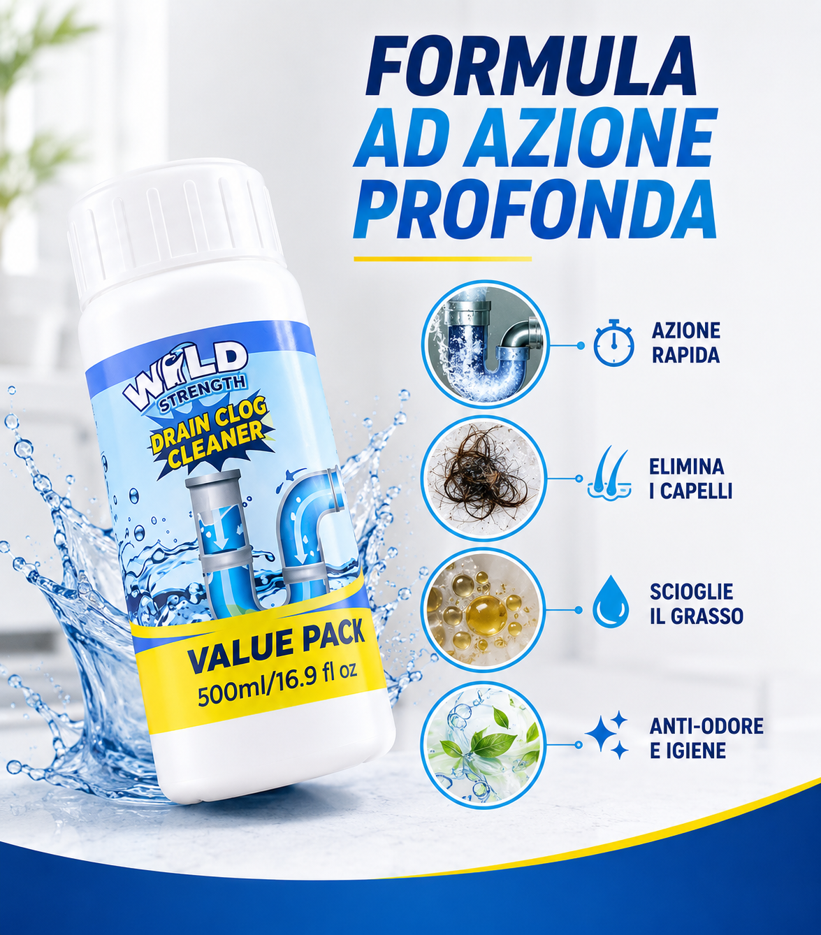 Polvere Sgorgante Idraulica per Scarichi Lavandino e Water WC