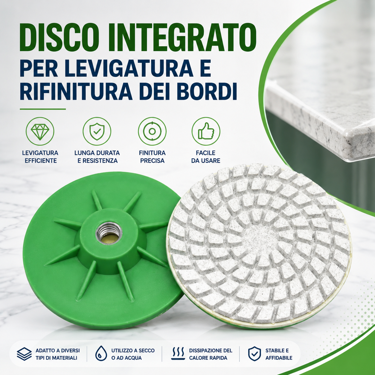 Disco integrato per levigatura e rifinitura dei bordi