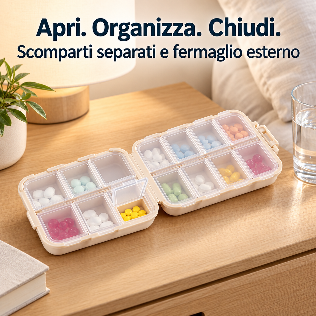 Organizer aperto con scomparti separati e fermaglio esterno. Testo in italiano: Apri. Organizza. Chiudi; Scomparti separati e fermaglio esterno.