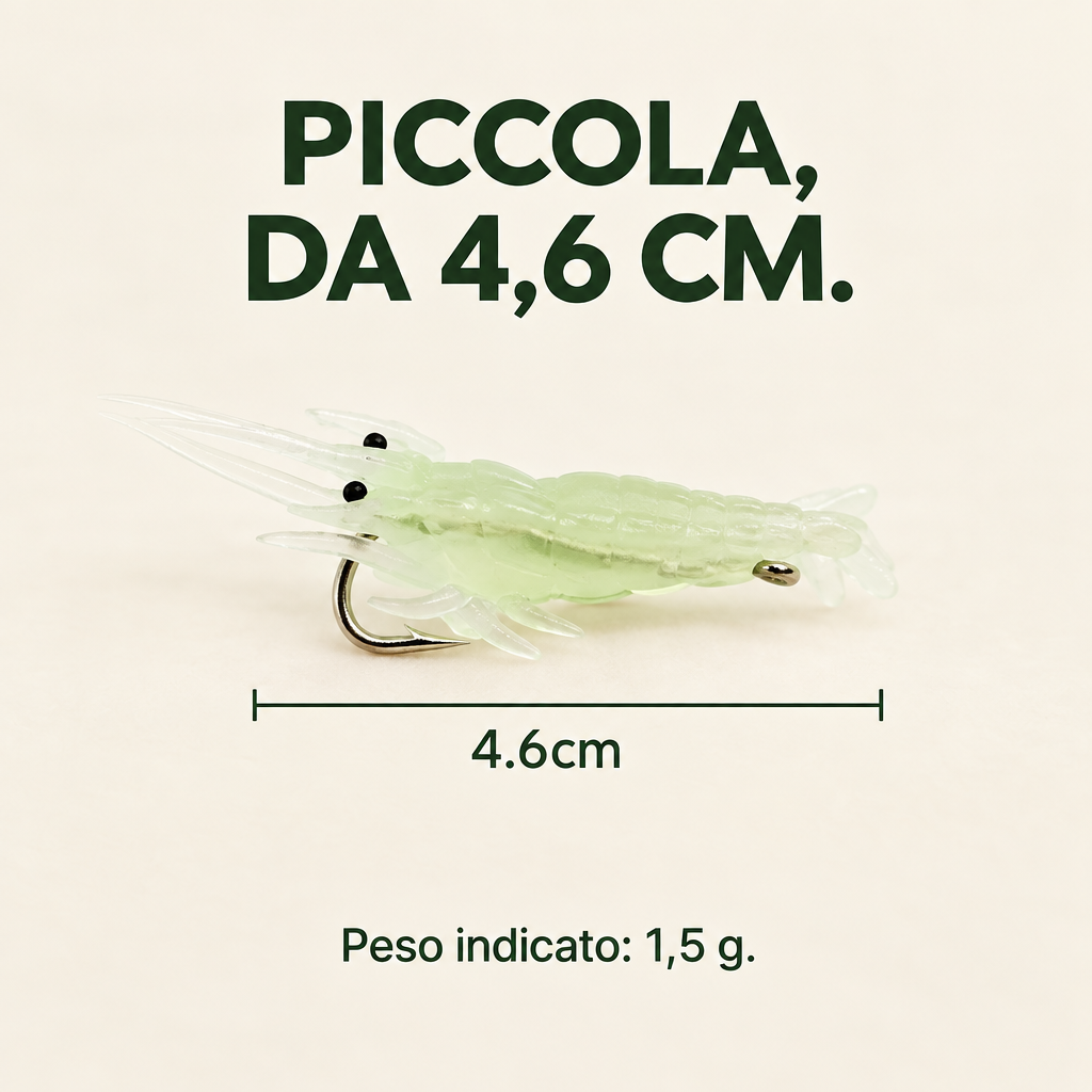 Esca gambero artificiale lunga 4,6 cm e peso indicato di 1,5 g