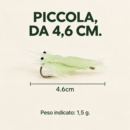 Esca gambero artificiale lunga 4,6 cm e peso indicato di 1,5 g