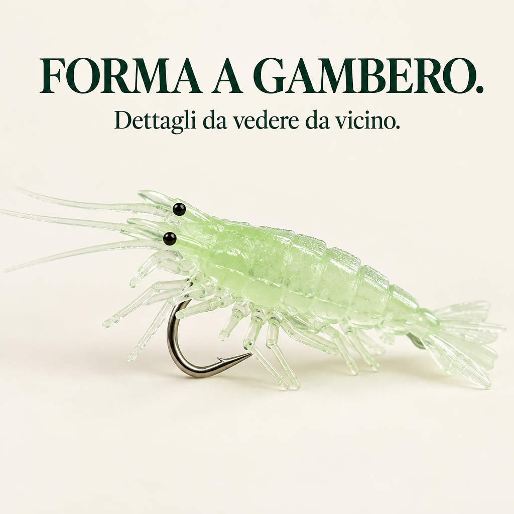 Dettaglio della forma a gambero con occhi, antenne e coda