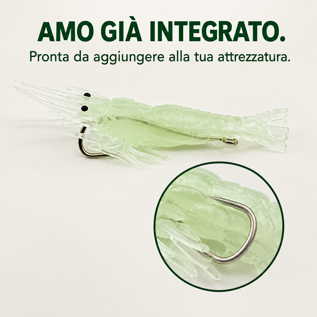 Esca artificiale a forma di gambero con dettaglio dell'amo integrato