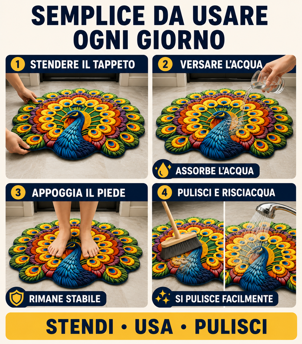 Tappeto Pavone 3D Antiscivolo 80×80 cm