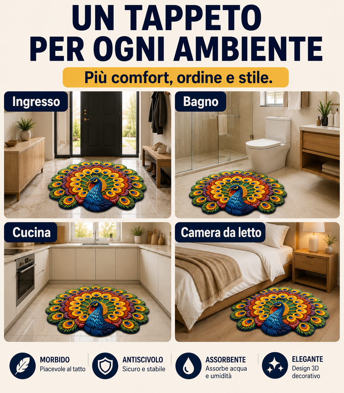 Tappeto Pavone 3D Antiscivolo 80×80 cm
