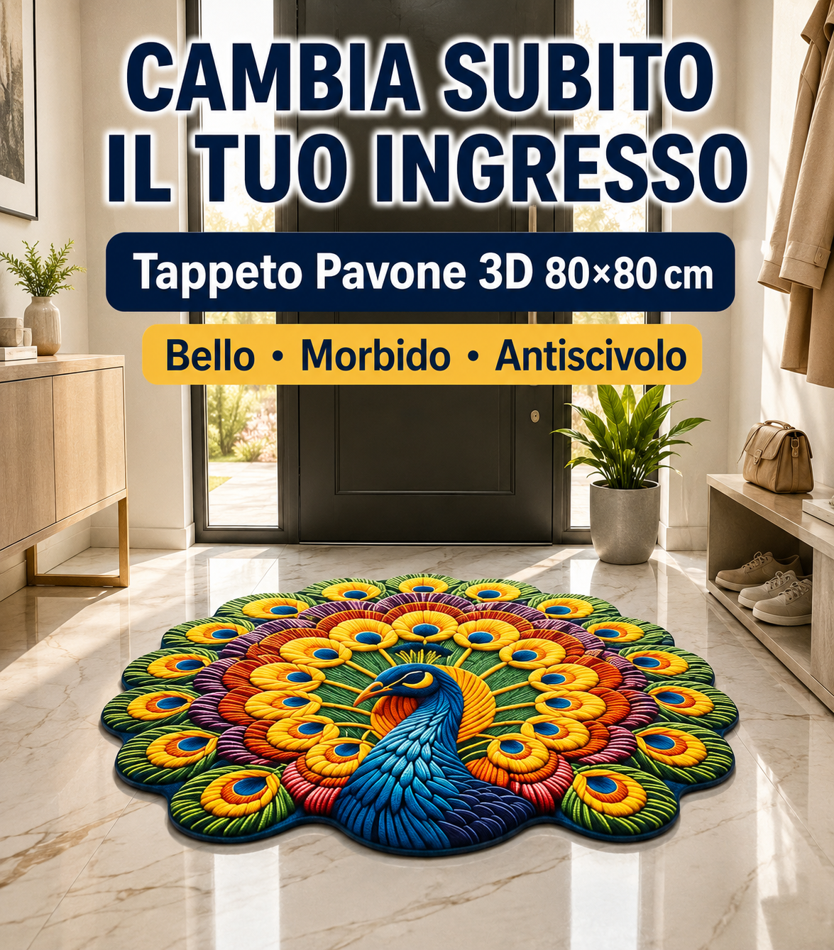 Tappeto Pavone 3D Antiscivolo 80×80 cm