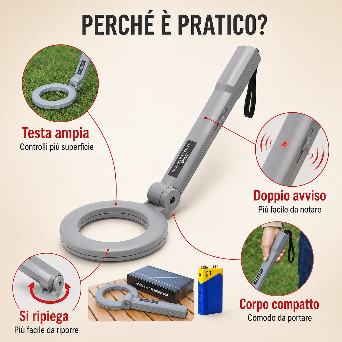 Rilevatore di Metalli Portatile Pieghevole