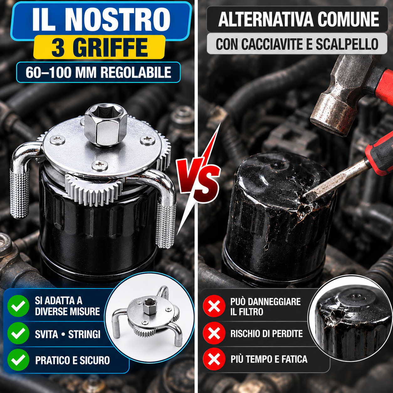🔥 ESTRATTORE FILTRO OLIO 3 GRIFFE 60–100 MM