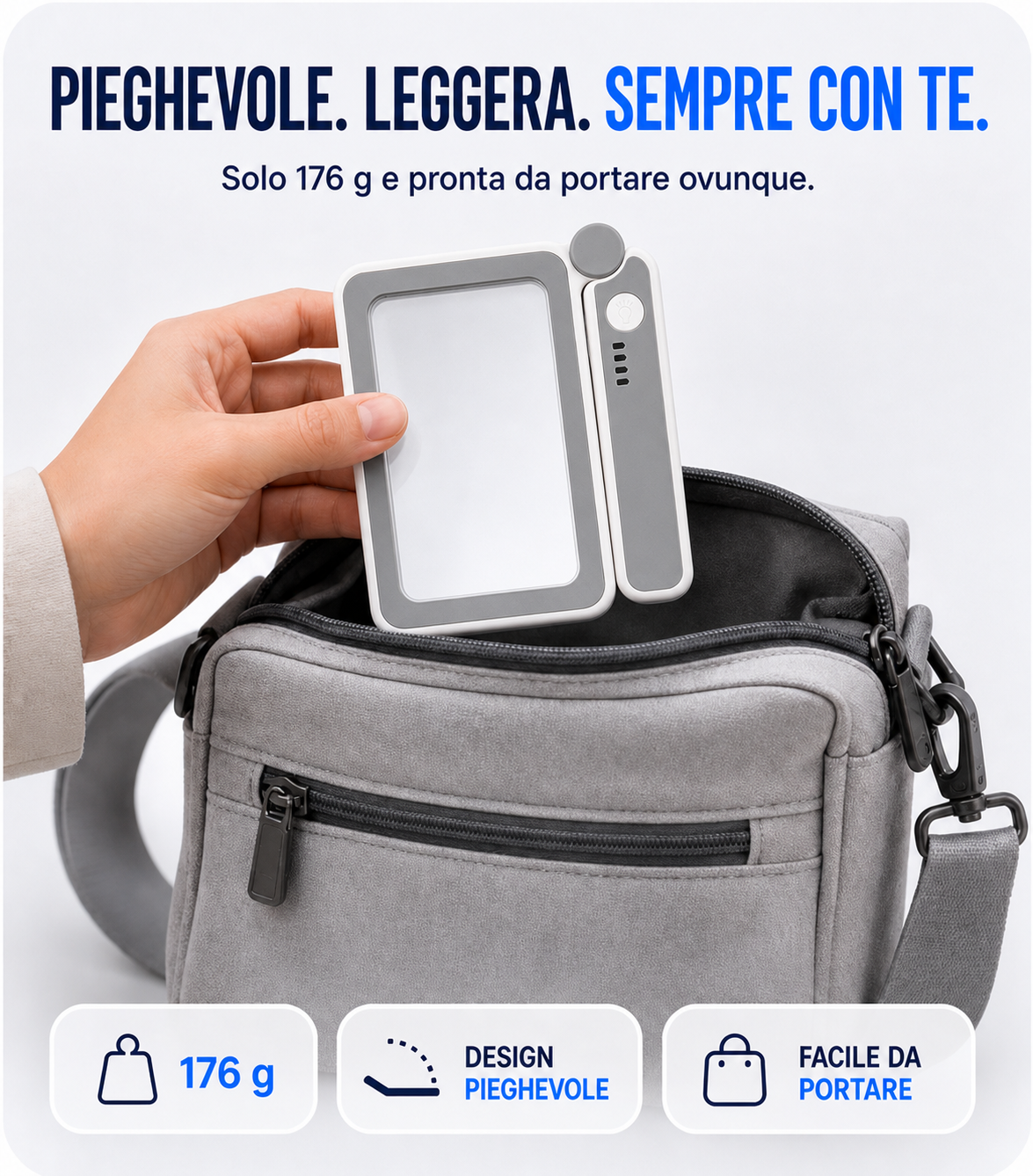 Lente d’ingrandimento rettangolare pieghevole Sosile con 10 LED e controllo touch