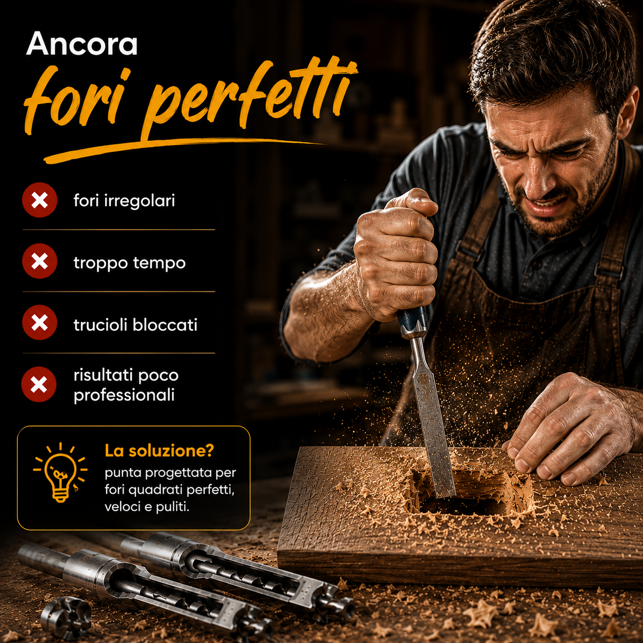 Kit Professionale per Fori Quadrati nel Legno – 4 Misure